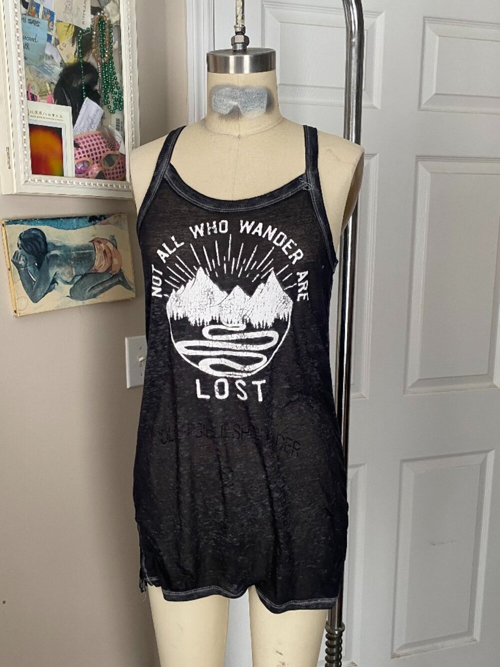 MODERN LUX Black Tissue Thin Long Tank Top "Not All Wander Lost* Shirt *XS* B216